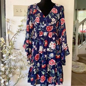Betsey Johnson Navy Floral Long Sleeve V-Neck Dress